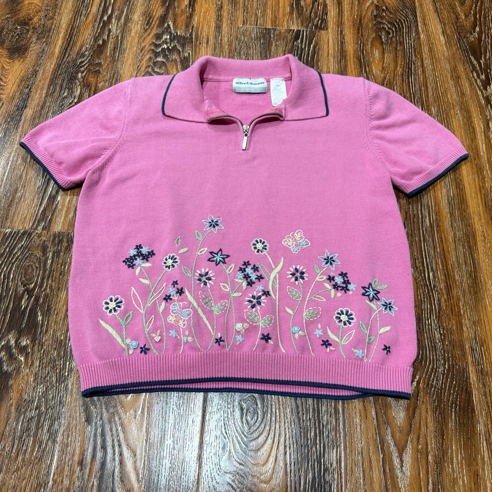 Alfred Dunner Women's Pink Floral Embroidered Quarter Zip Knit Sweater Petite XL - Picture 1 of 7